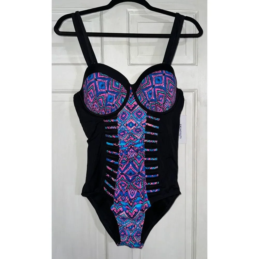 Swimsuits For All Ruched Underwire One Piece Swimsuit Purple/Blue Aztec Size 10